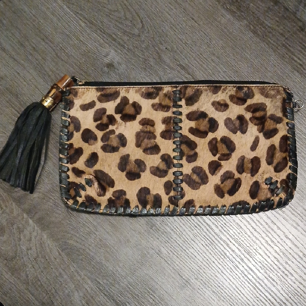 Clever Carriage Company Leopard Print Leather Wristlet Clutch Bag with Tassle